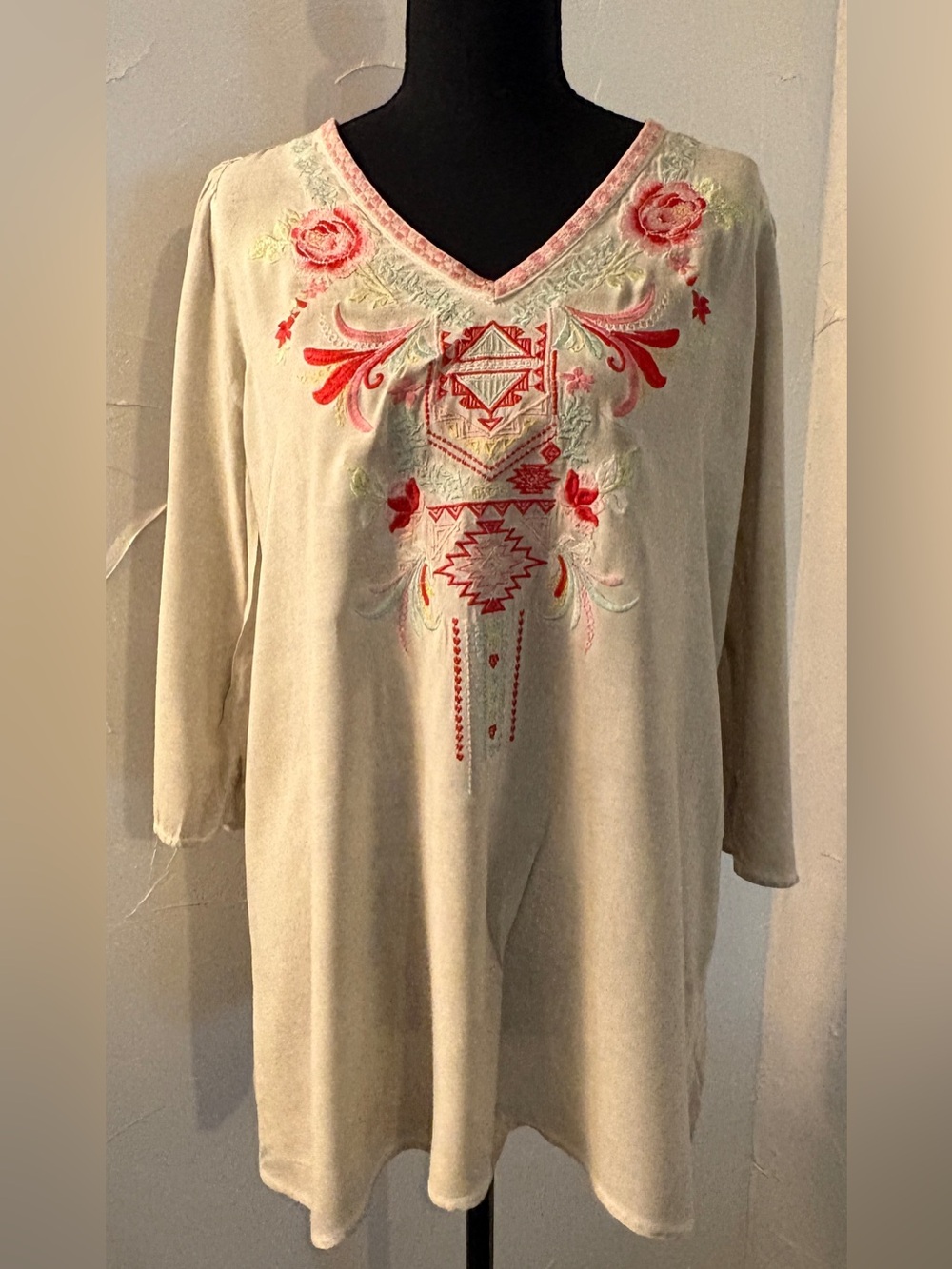 Andree Cream Tunic with Pink and Red Embroidery